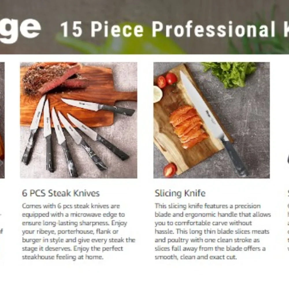 15 pc CHEF + STEAK KNIVES + SHEARS - BLOCK SET (Grey Marbling)